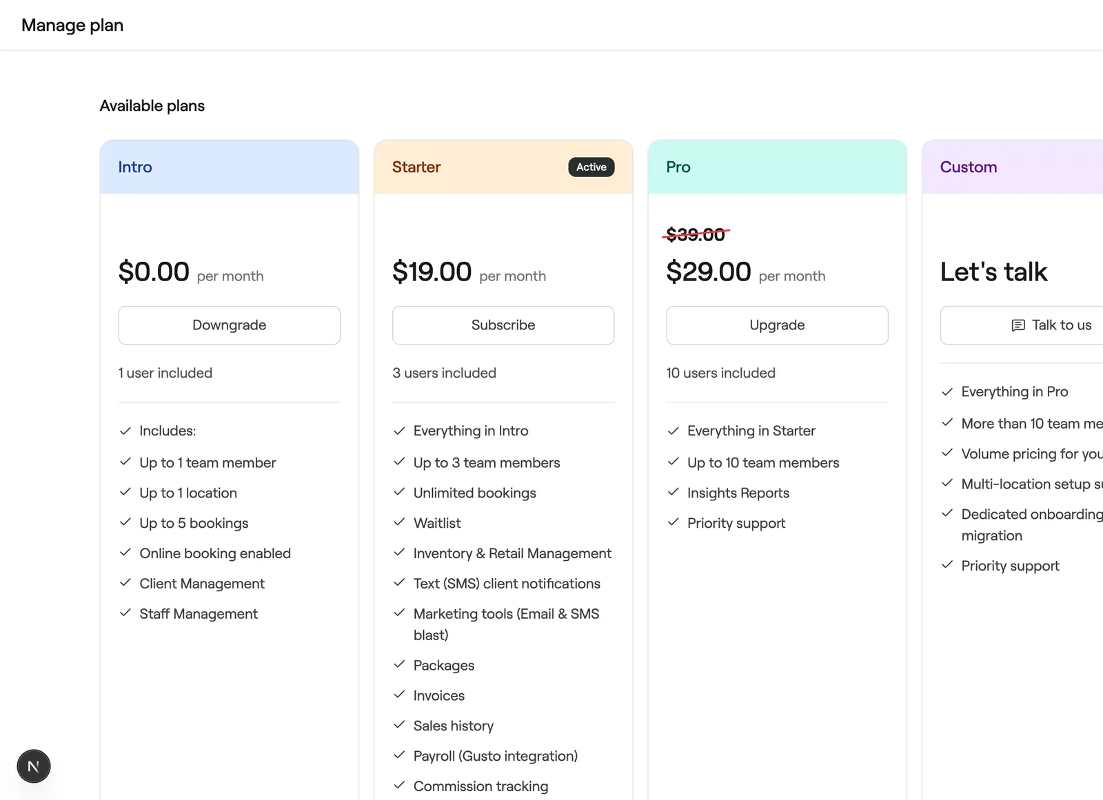Available plans with Intro, Starter, Pro and Custom
