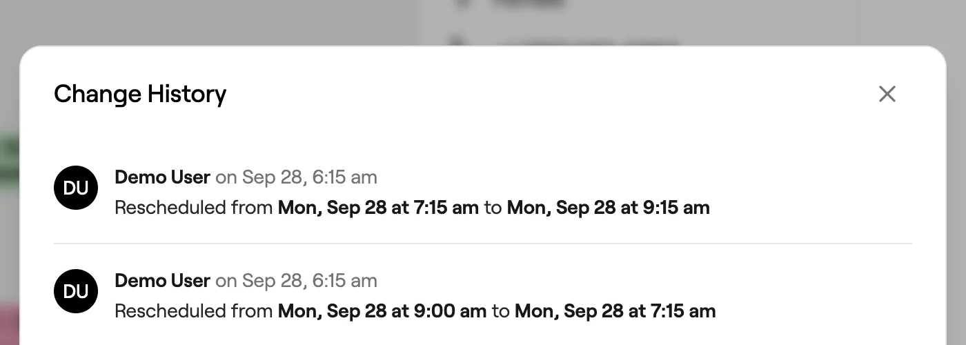 Change History showing who rescheduled the appointment and when
