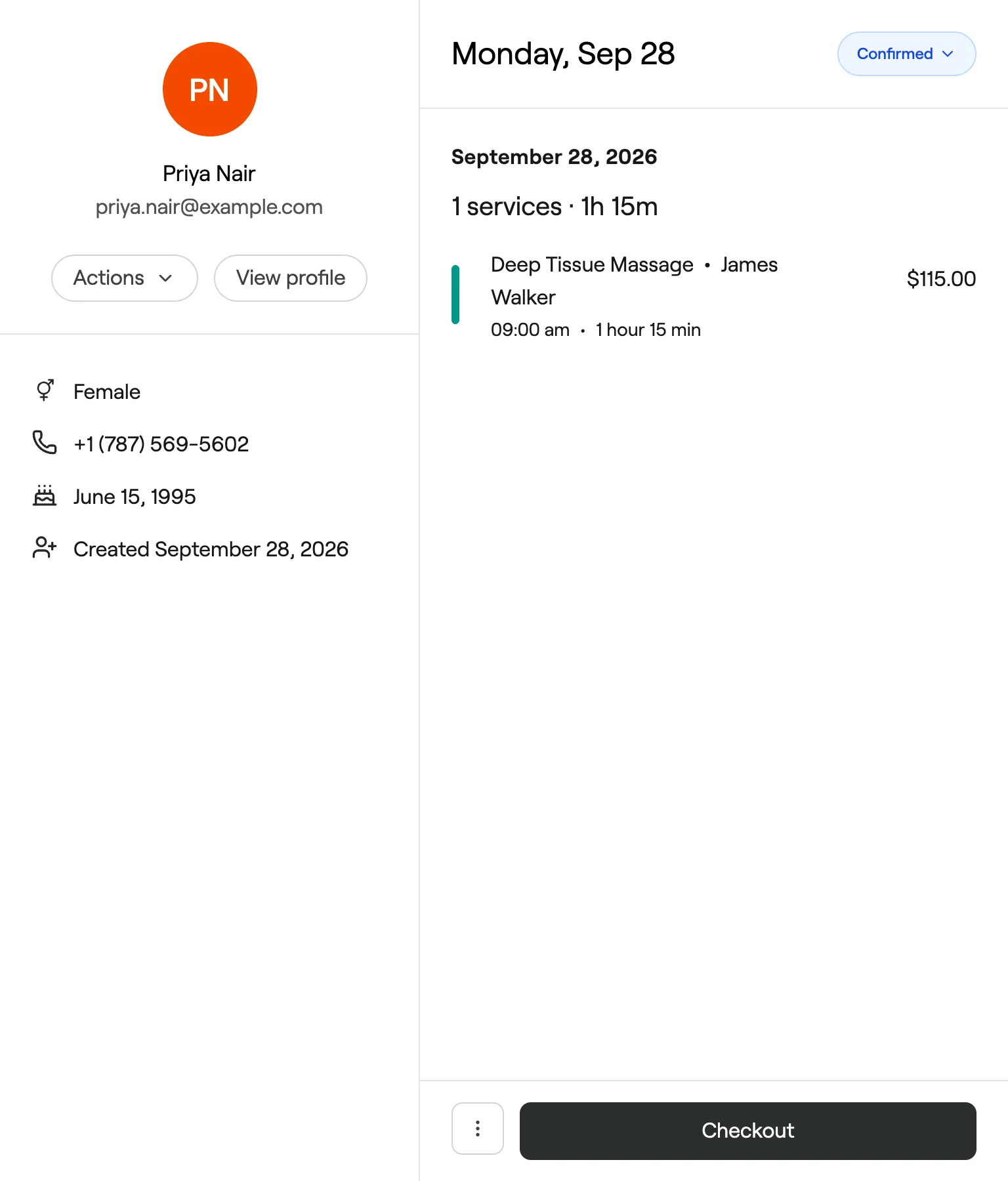 Appointment panel with client details, services and Checkout button