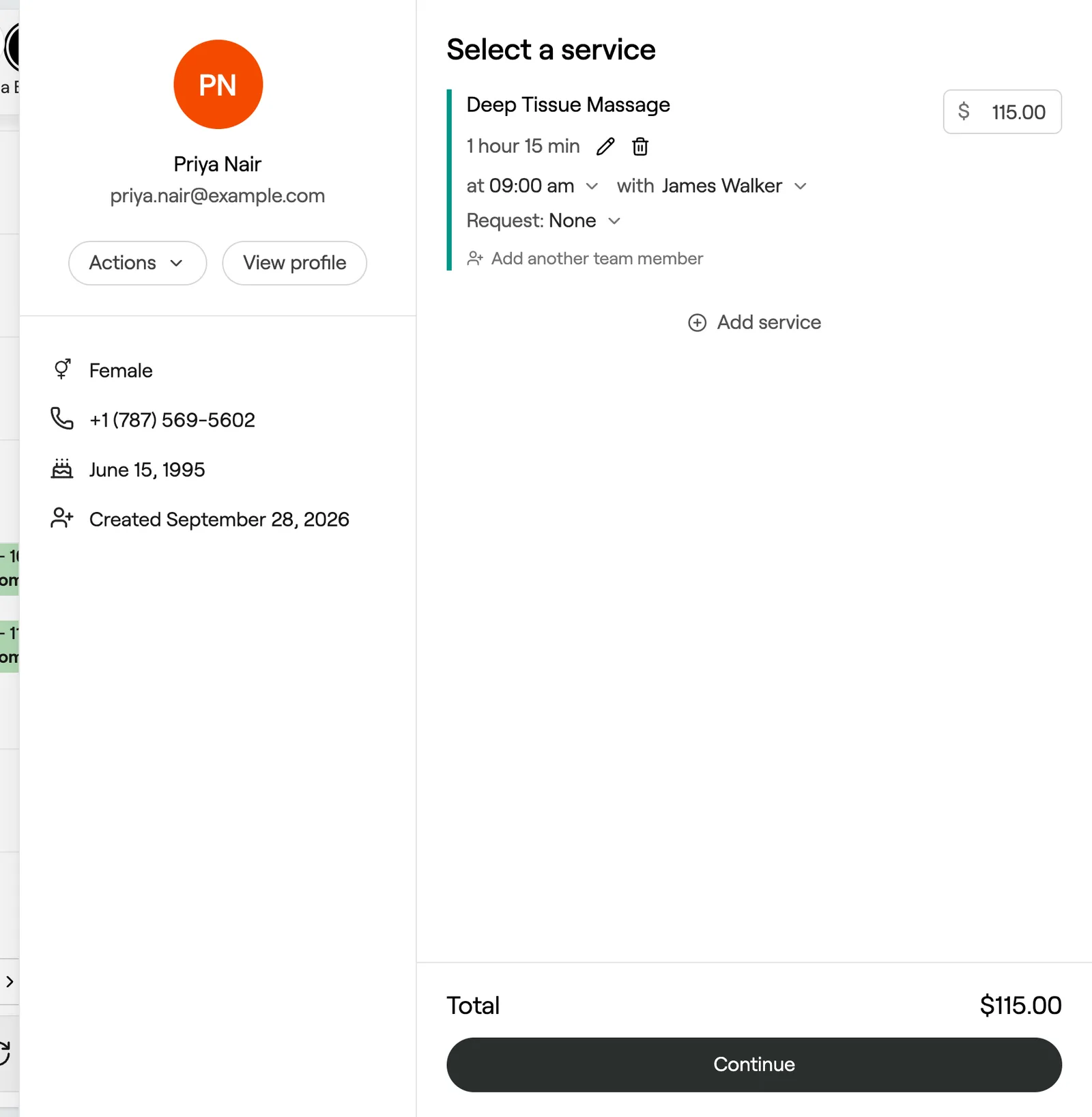Edit appointment view with editable service card