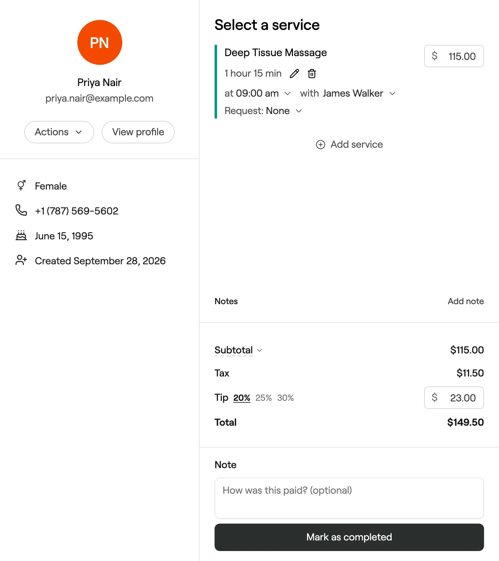 Mark as completed with a payment note