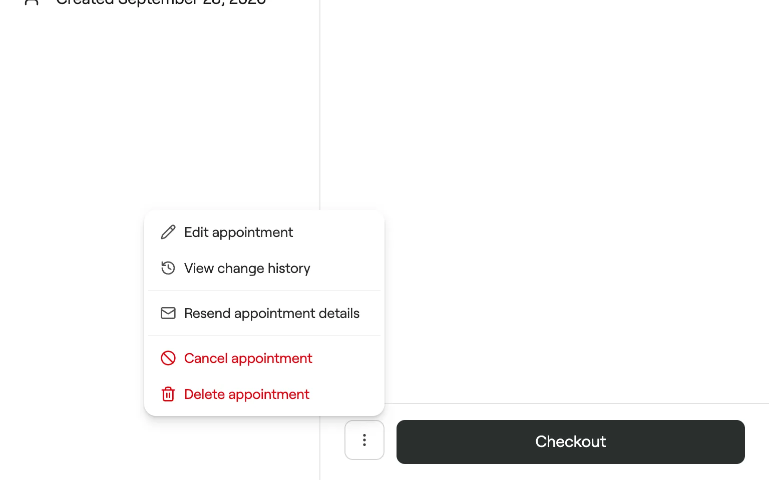 More options menu with Edit appointment, View change history, Resend appointment details, Cancel and Delete