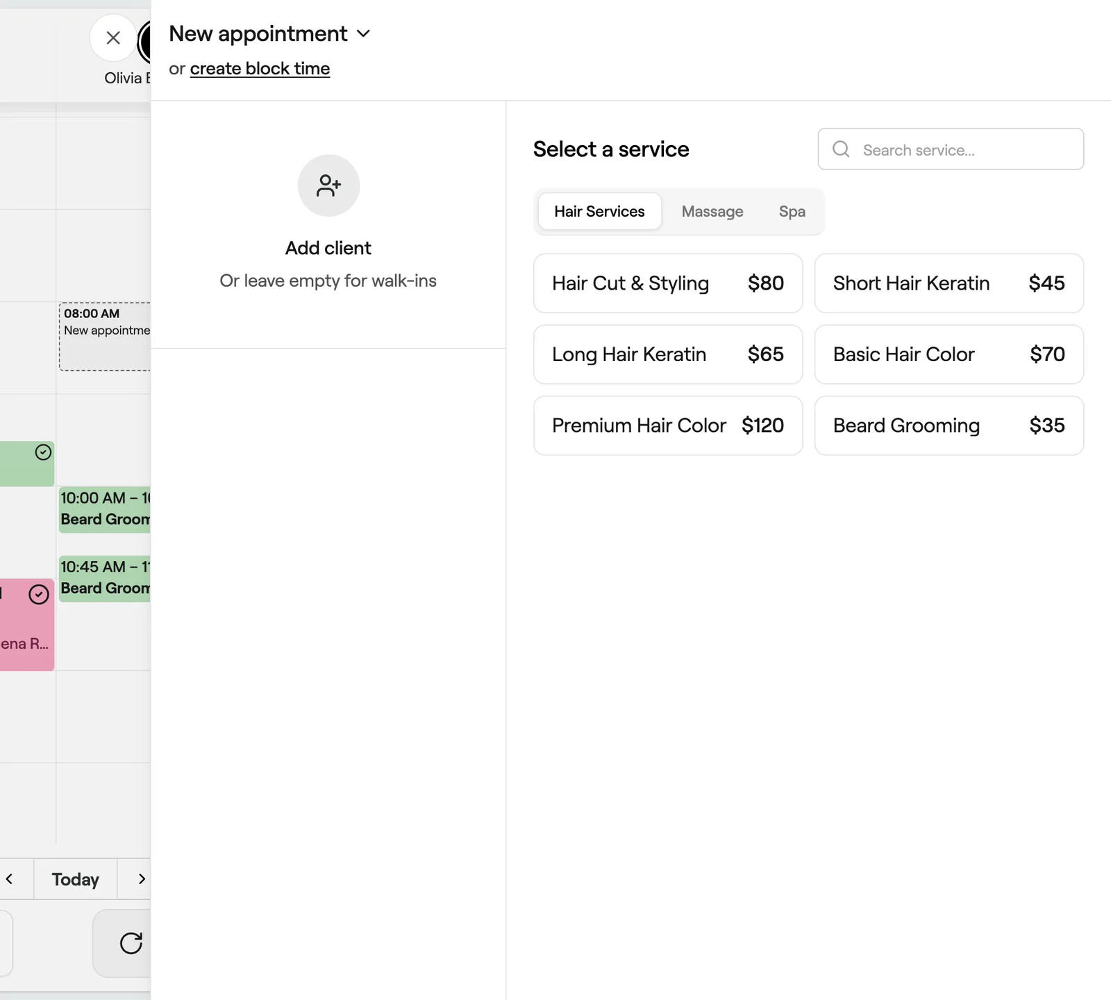 New appointment panel opened from a time slot