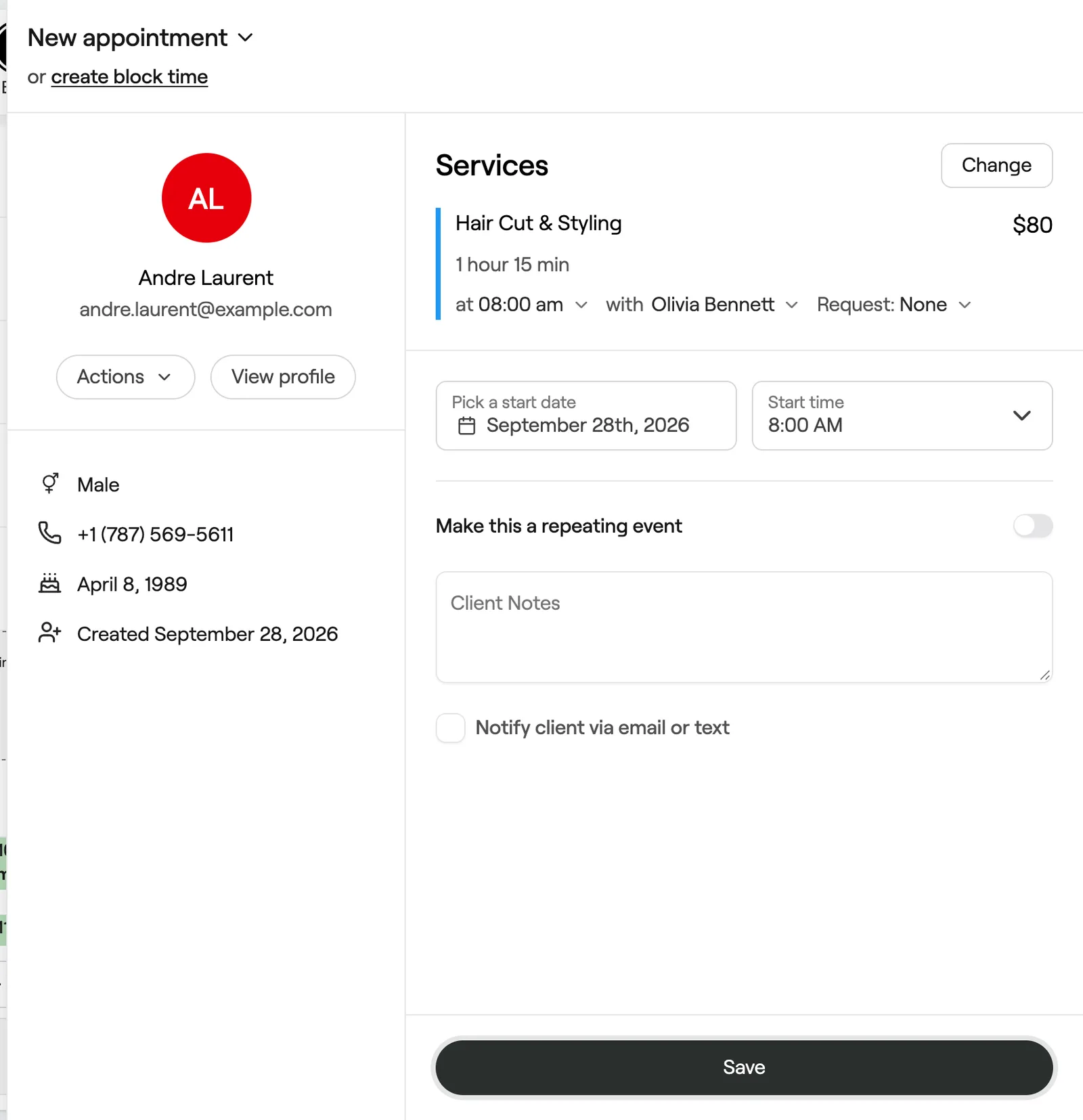 Appointment review step with date, start time, client notes and notify client option