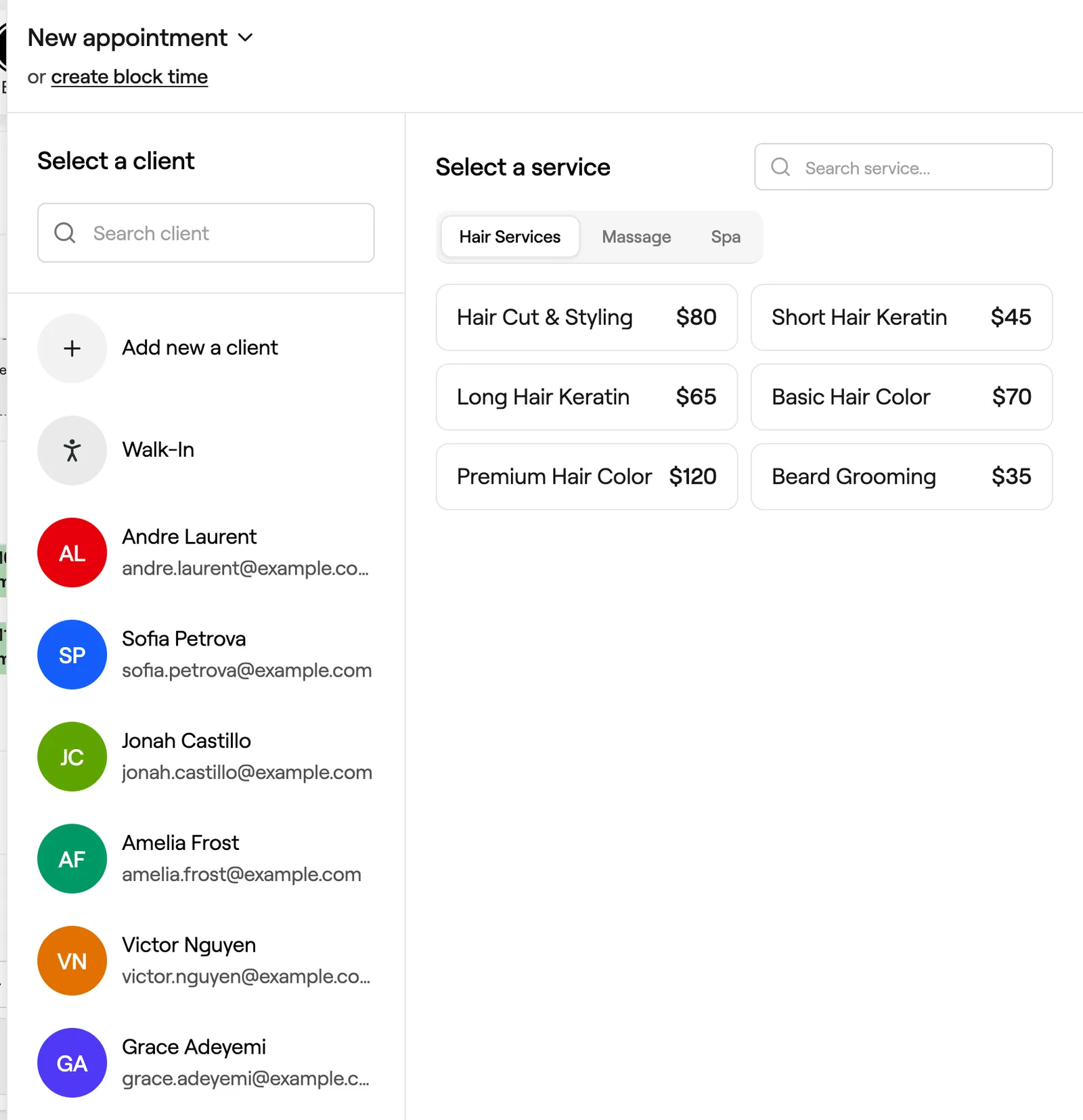 Select a client list with search, Add new a client and Walk-In options