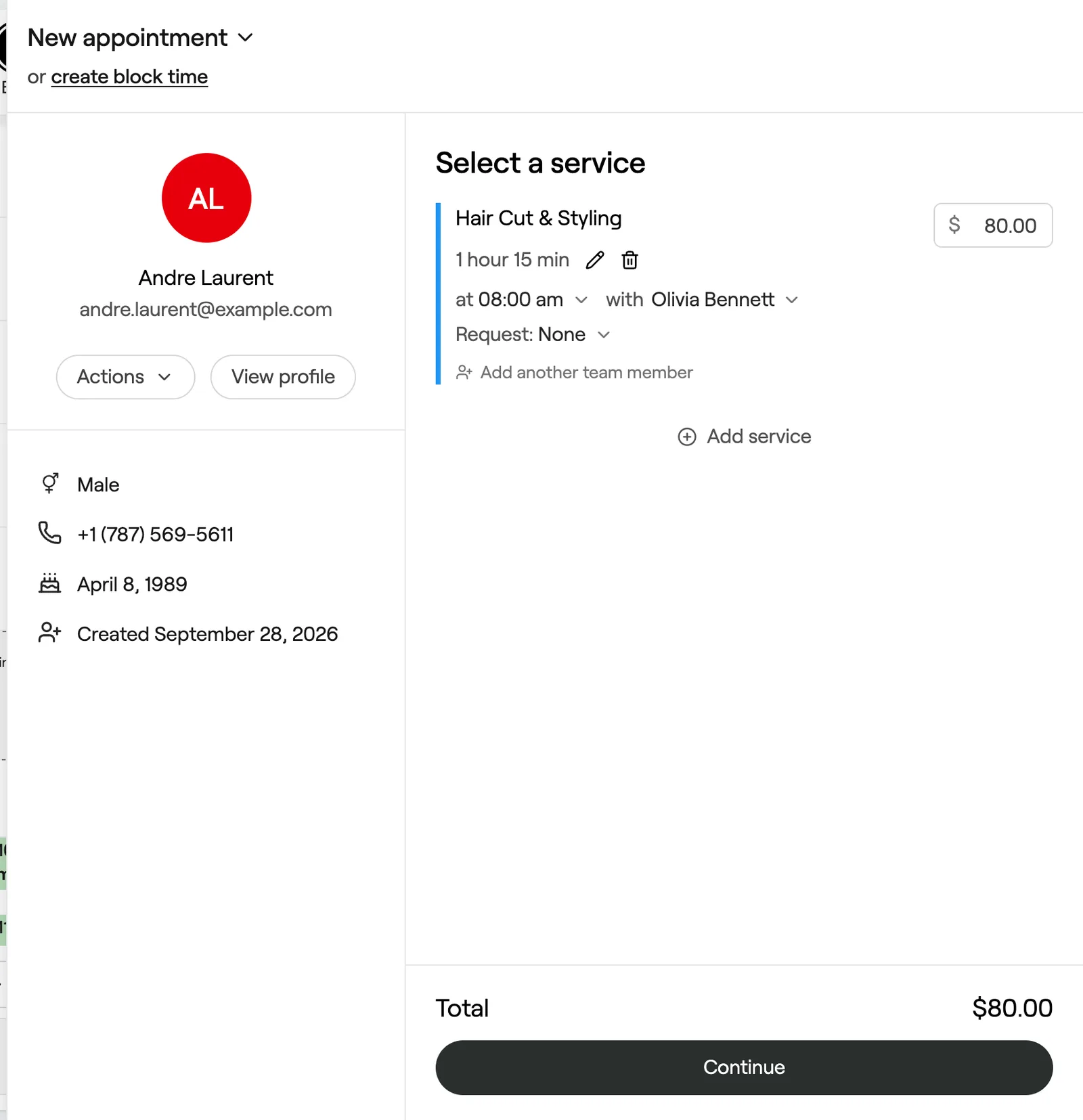 Service card showing start time, team member and request options