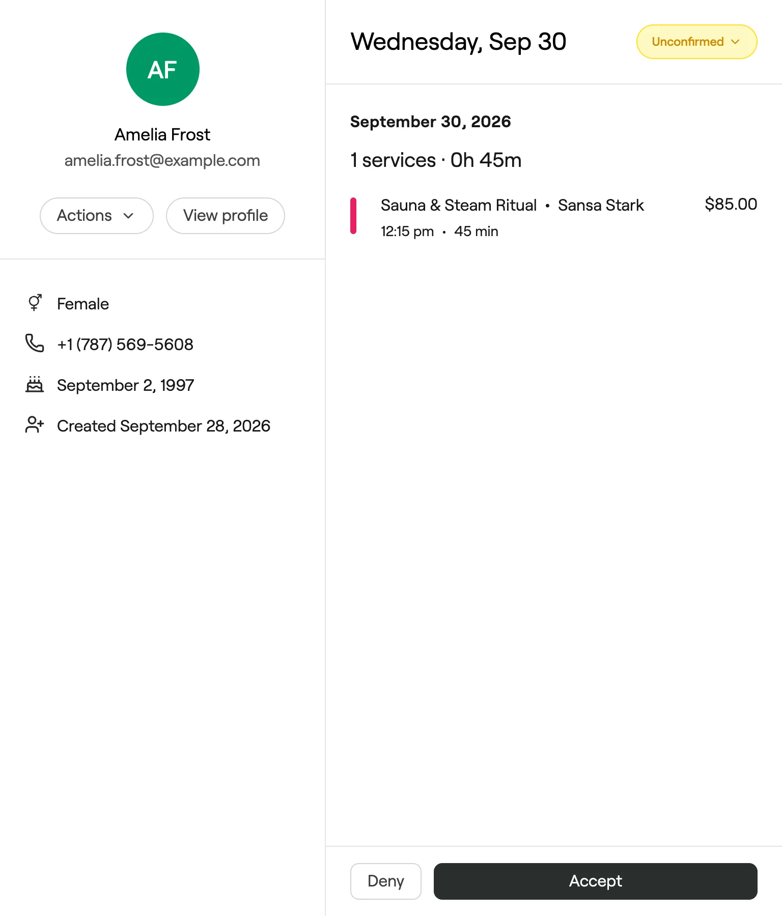 Unconfirmed appointment panel with Deny and Accept buttons