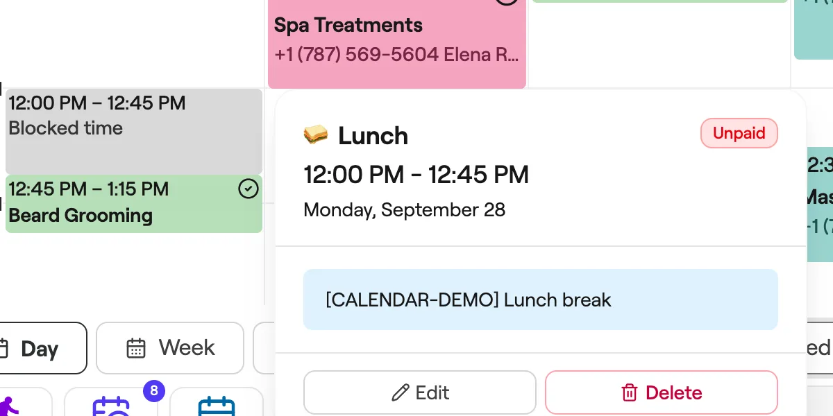 Blocked time hover card with Edit and Delete buttons