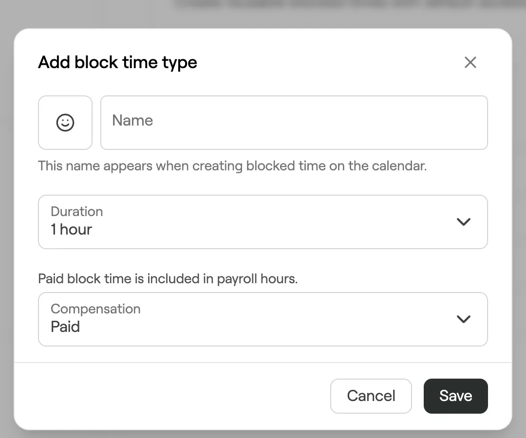 Add block time type dialog with name, duration and compensation