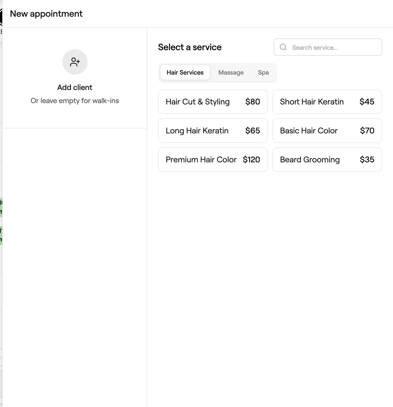 New appointment panel with Add client and service list