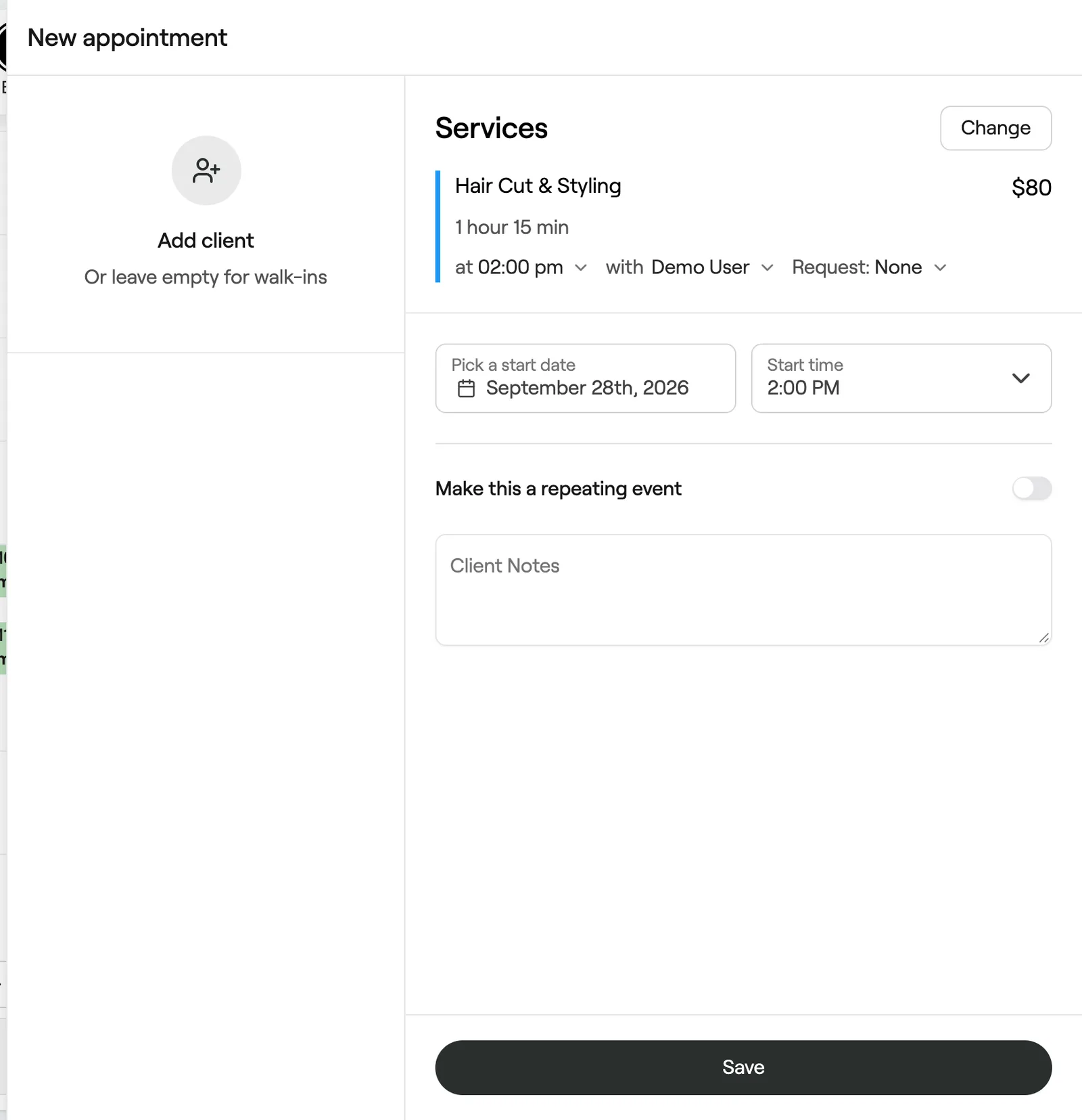 Pick a start date and Start time fields