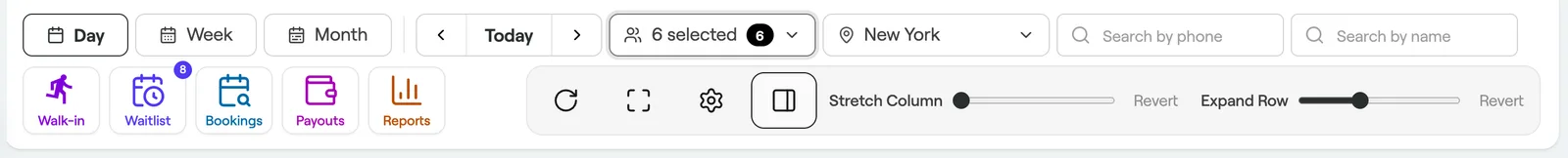 Calendar bottom bar with views, date navigation, team filter, location and search