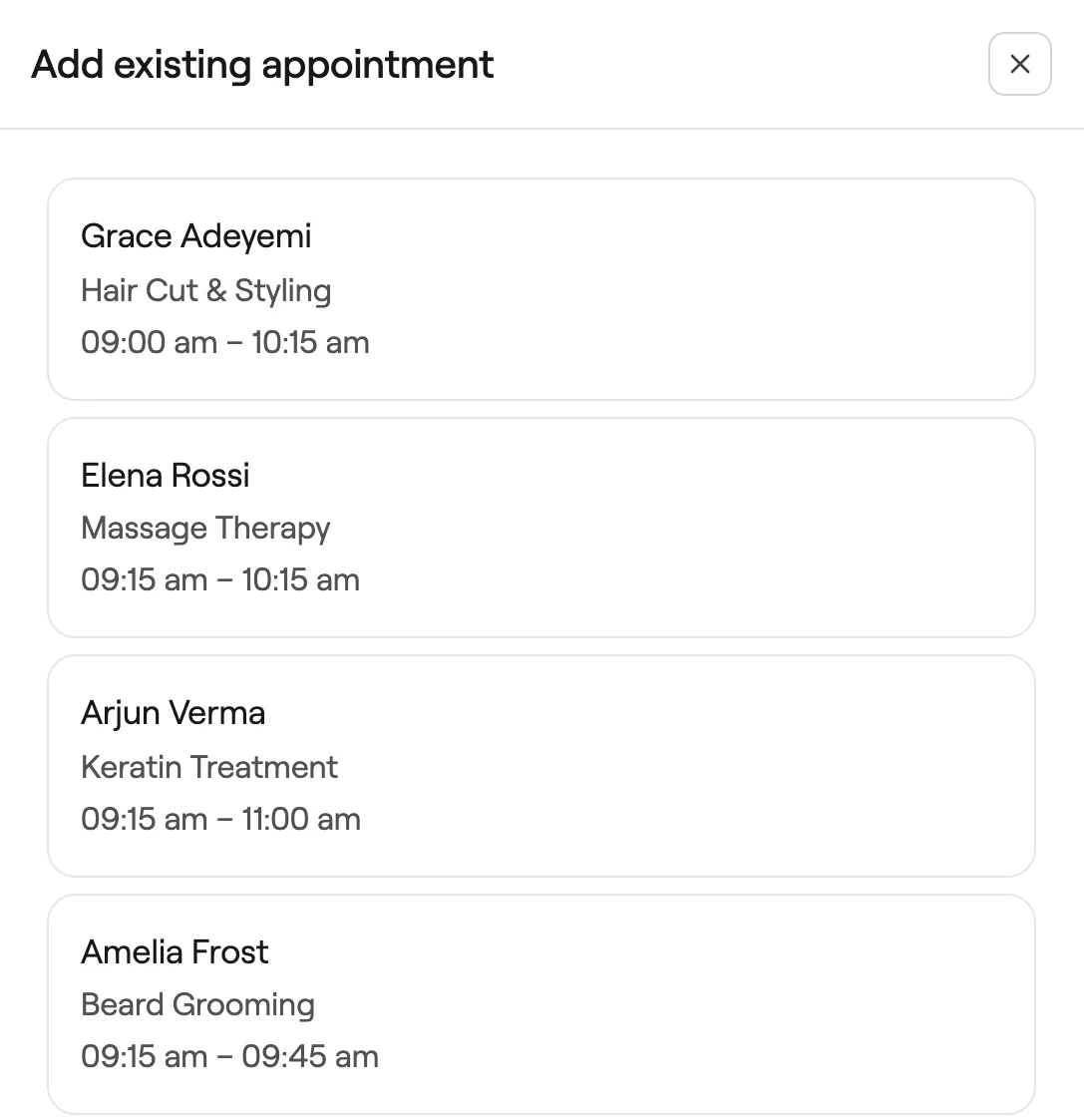 Add existing appointment list with appointments booked the same day