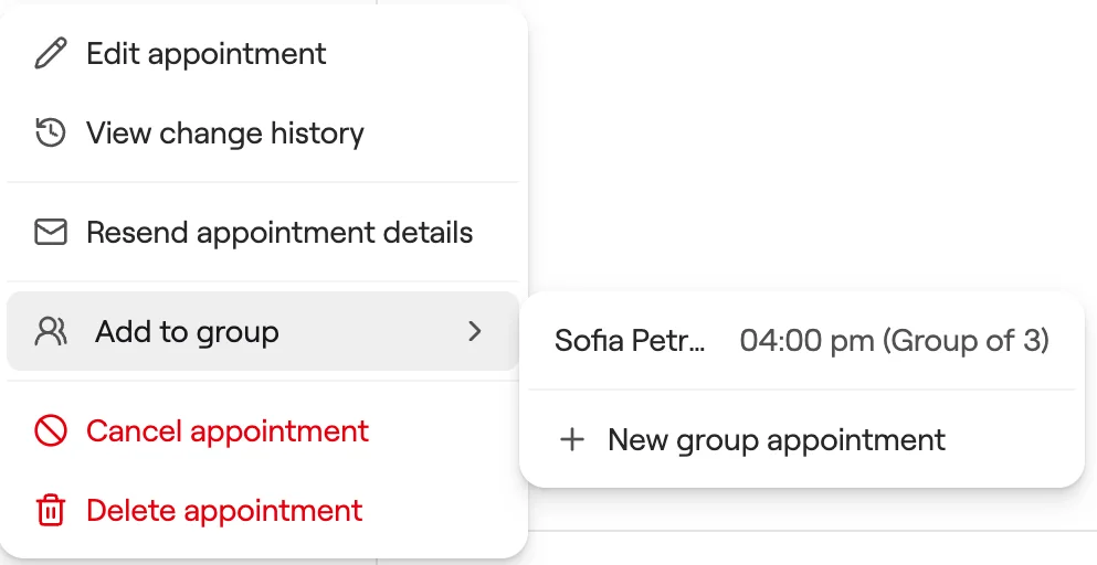 Add to group menu with a group to join and New group appointment