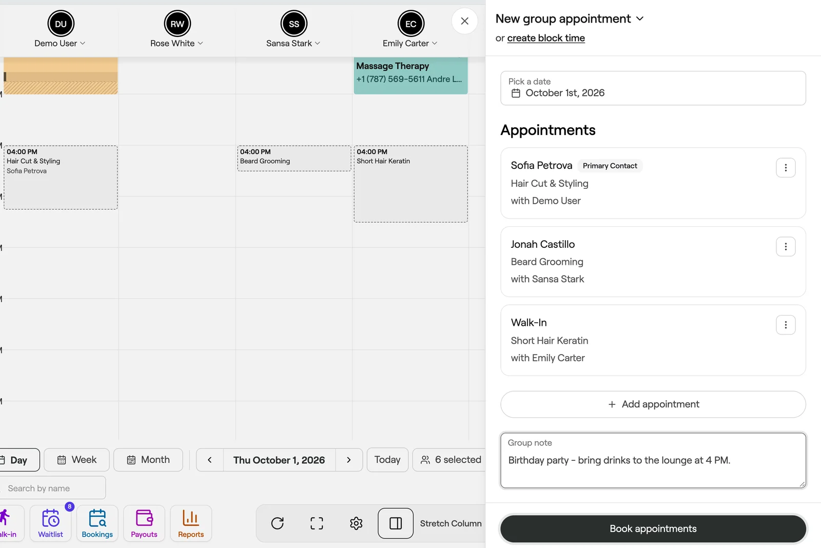 Group appointment list with three appointments and a group note