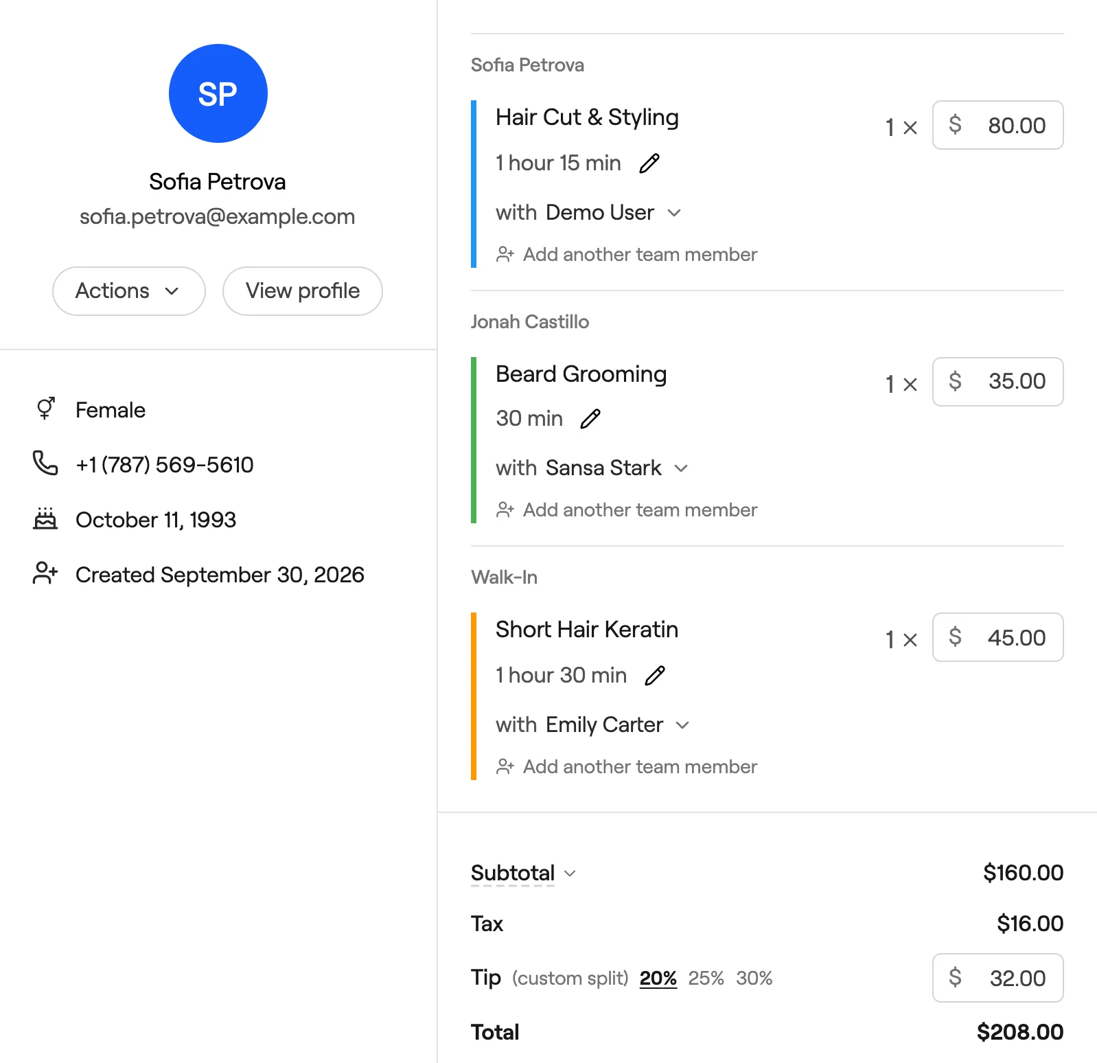 Group checkout with services listed for each client