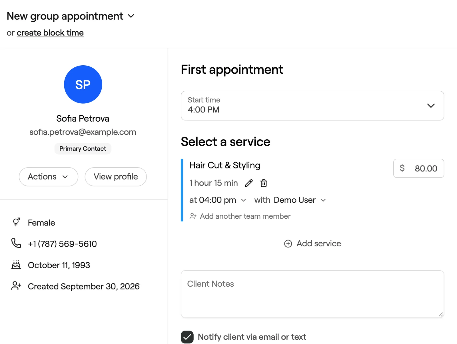 First appointment with a primary contact and a service