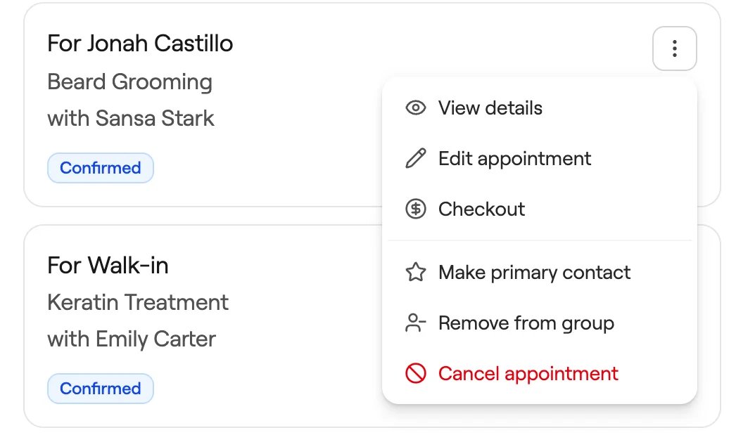 Appointment card menu in a booked group