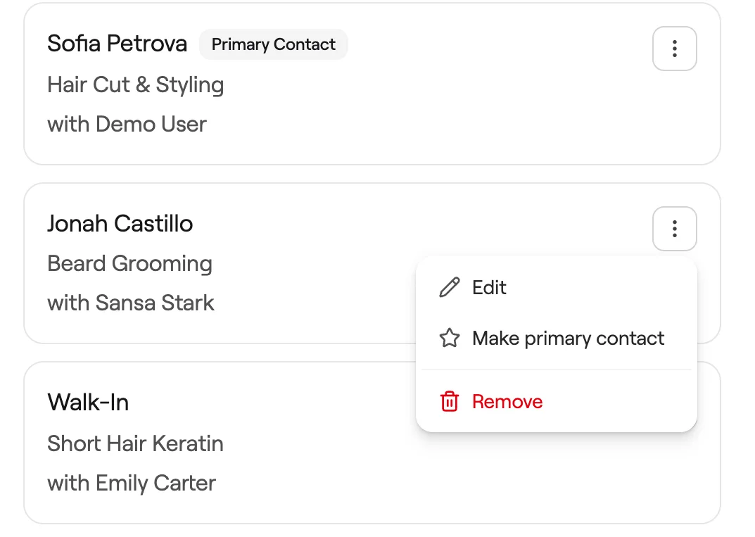 Appointment card menu with Edit, Make primary contact and Remove