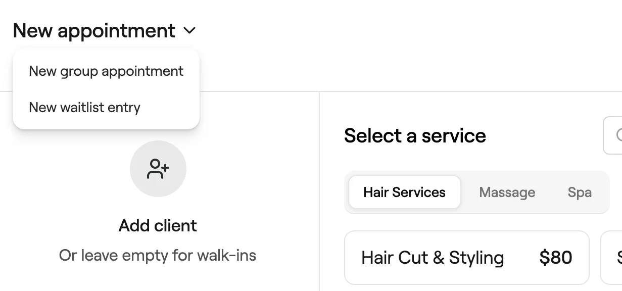 New appointment title menu with New group appointment