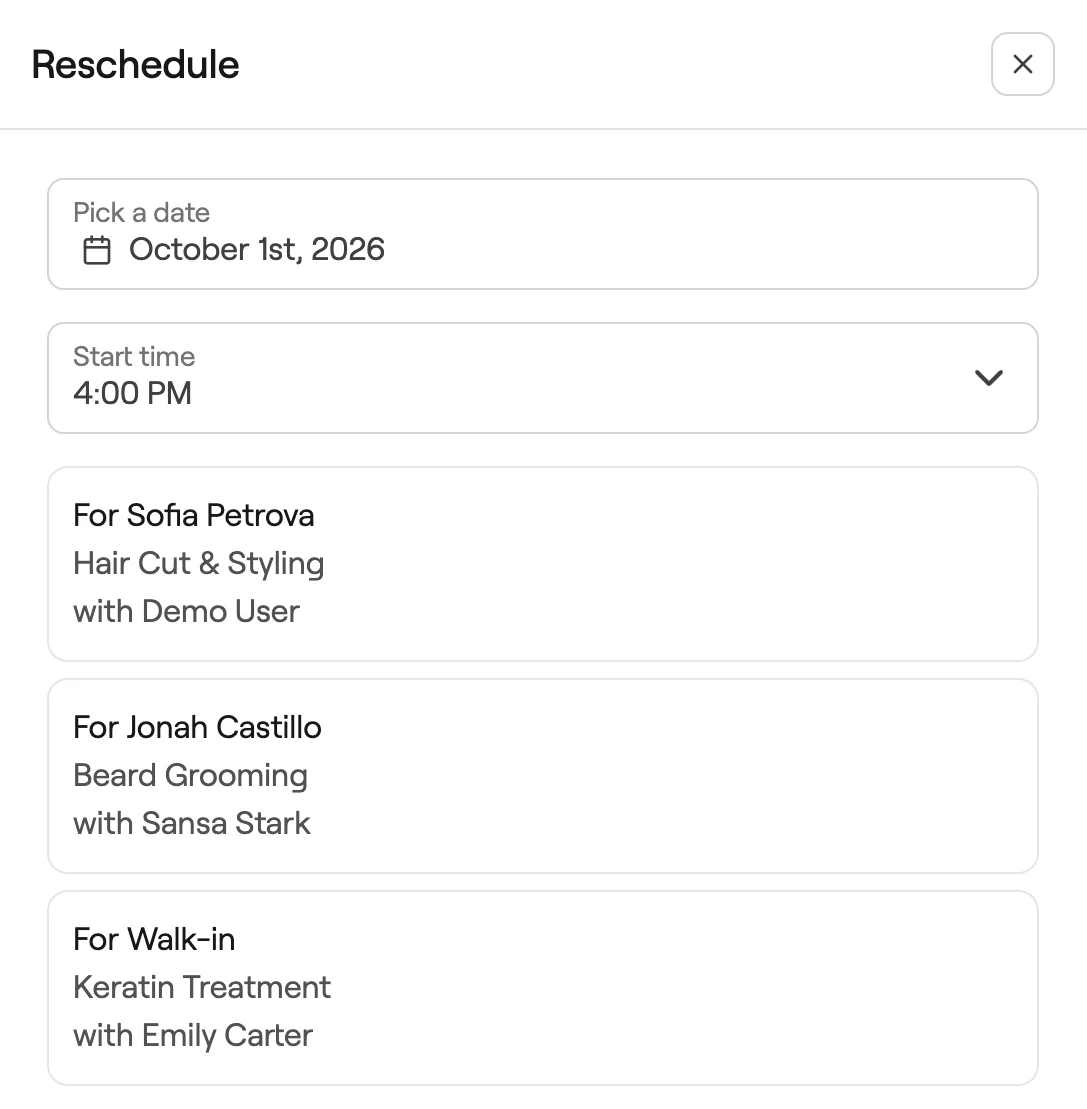 Reschedule panel with the new date, start time and each appointment