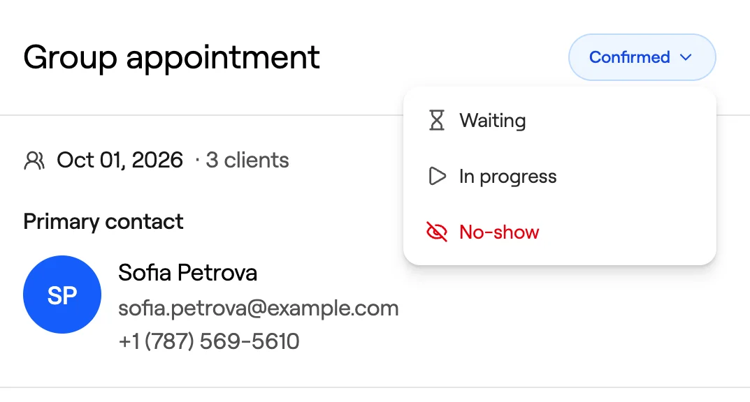 Group status menu with Waiting, In progress and No-show