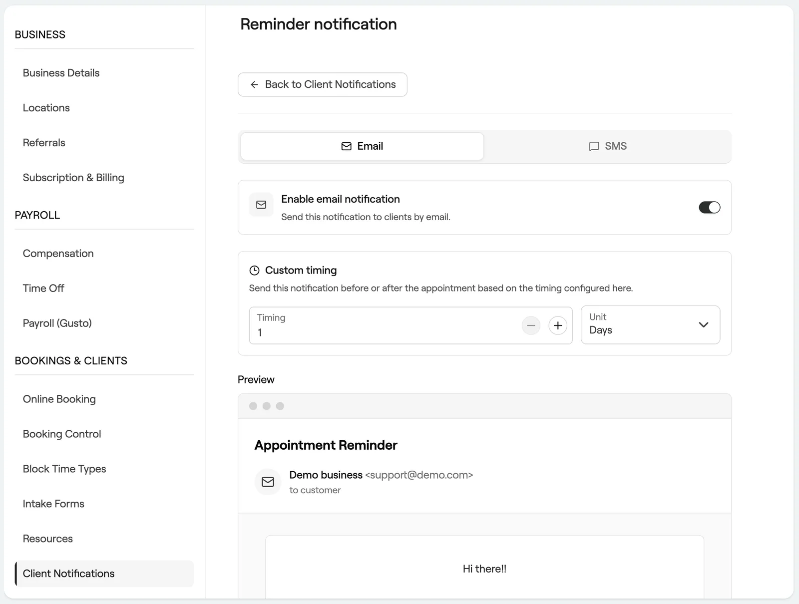 Reminder notification with email toggle, custom timing and preview