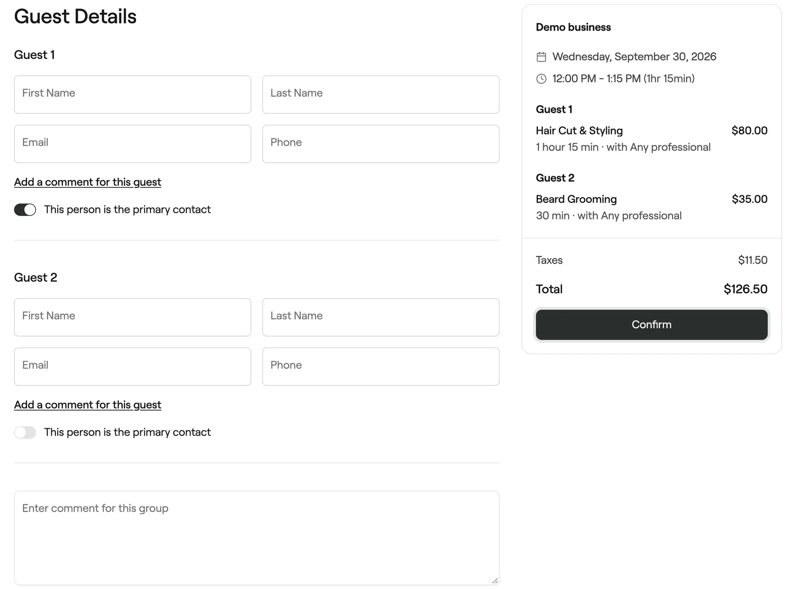 Guest Details step with contact details and a primary contact switch for each guest