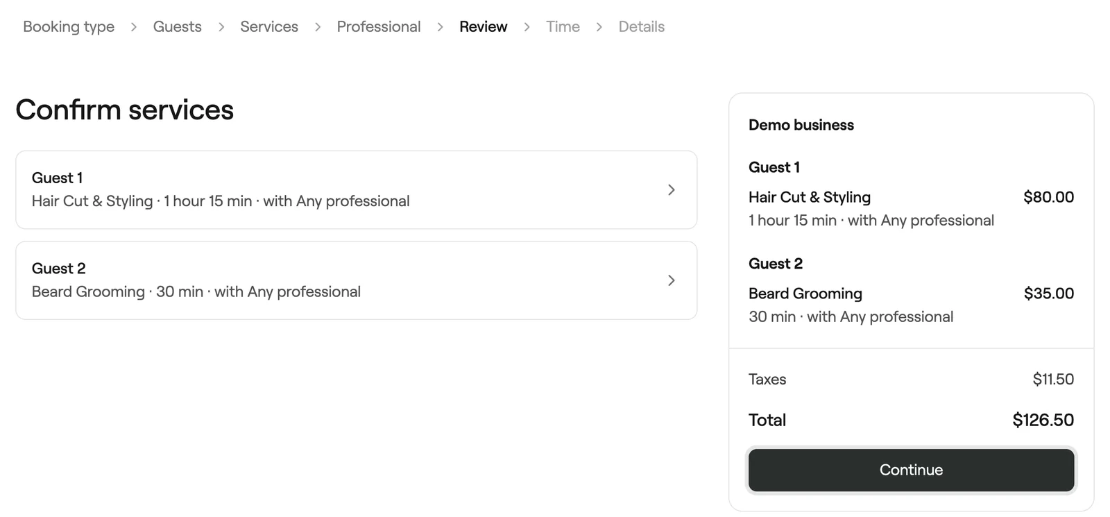 Confirm services step with services for each guest