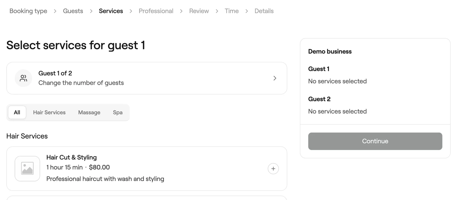 Select services for guest 1