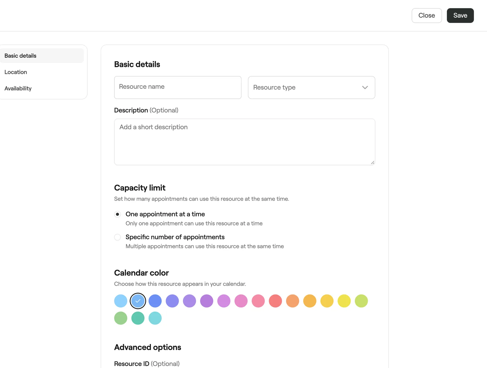 New resource form with basic details and capacity limit