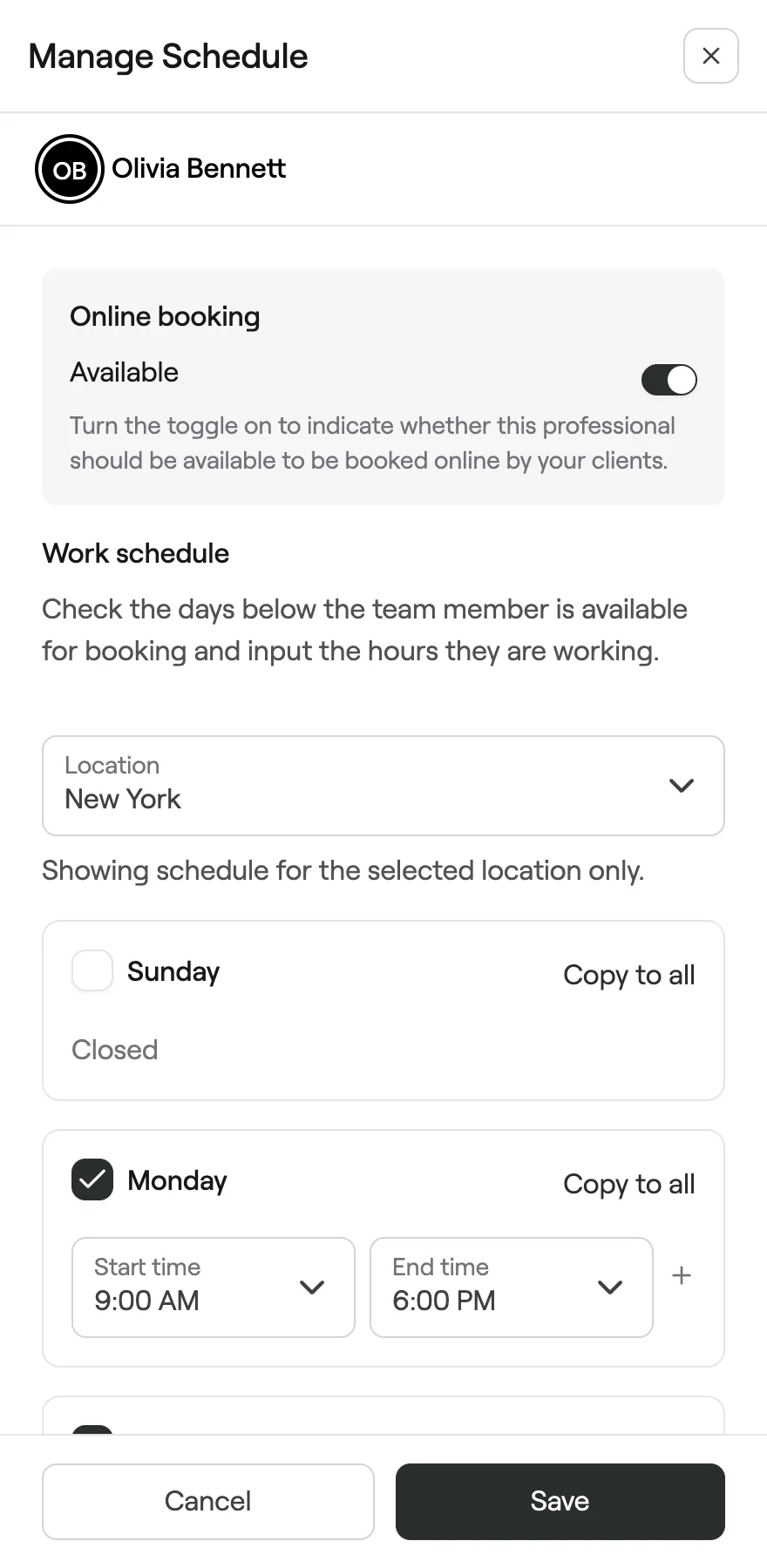 Manage Schedule with online booking toggle and weekly work schedule