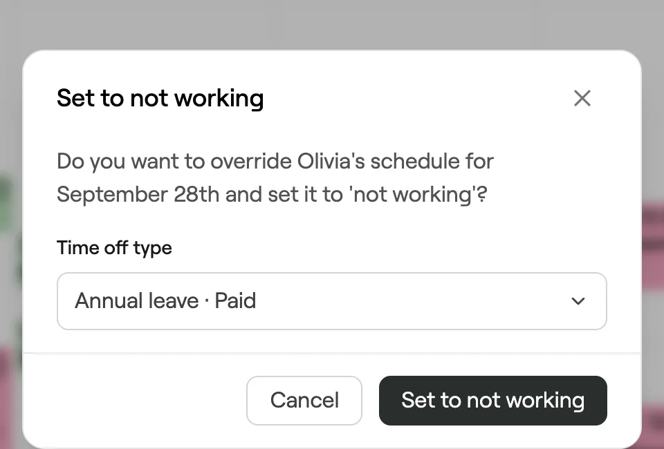 Set to not working dialog with time off type