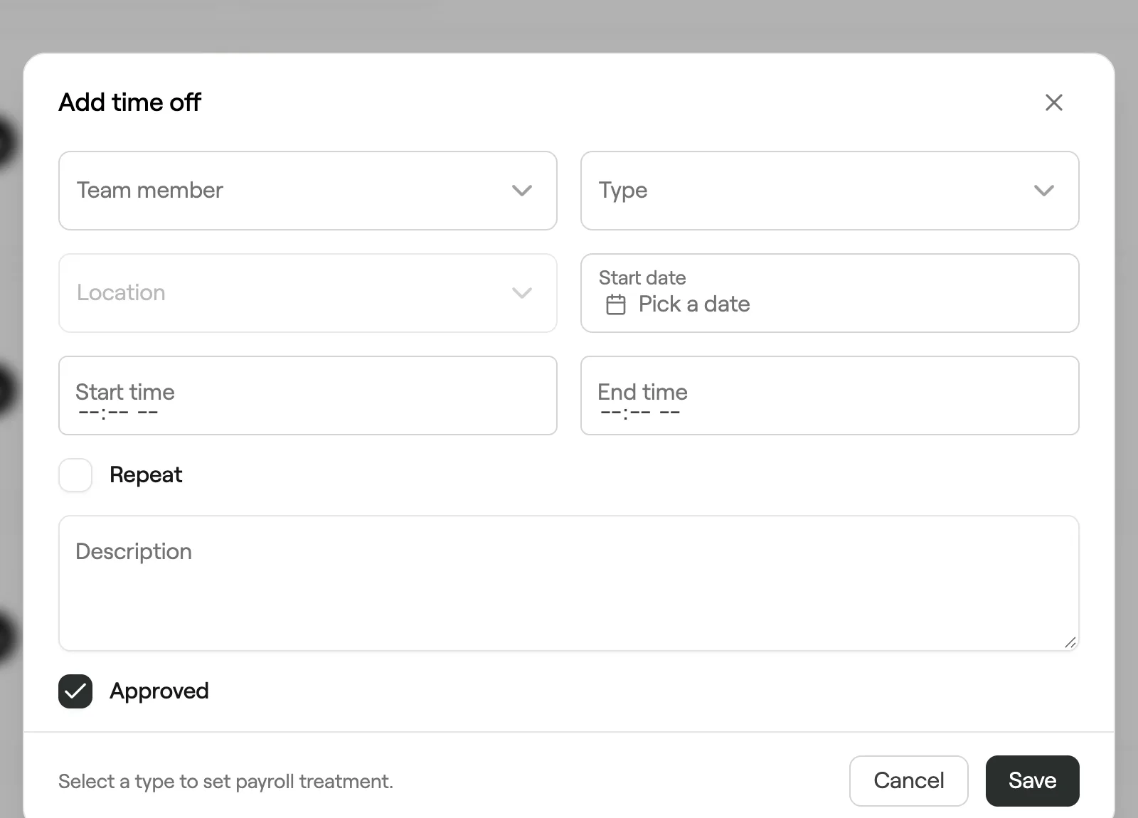 Add time off dialog with team member, type, dates and times