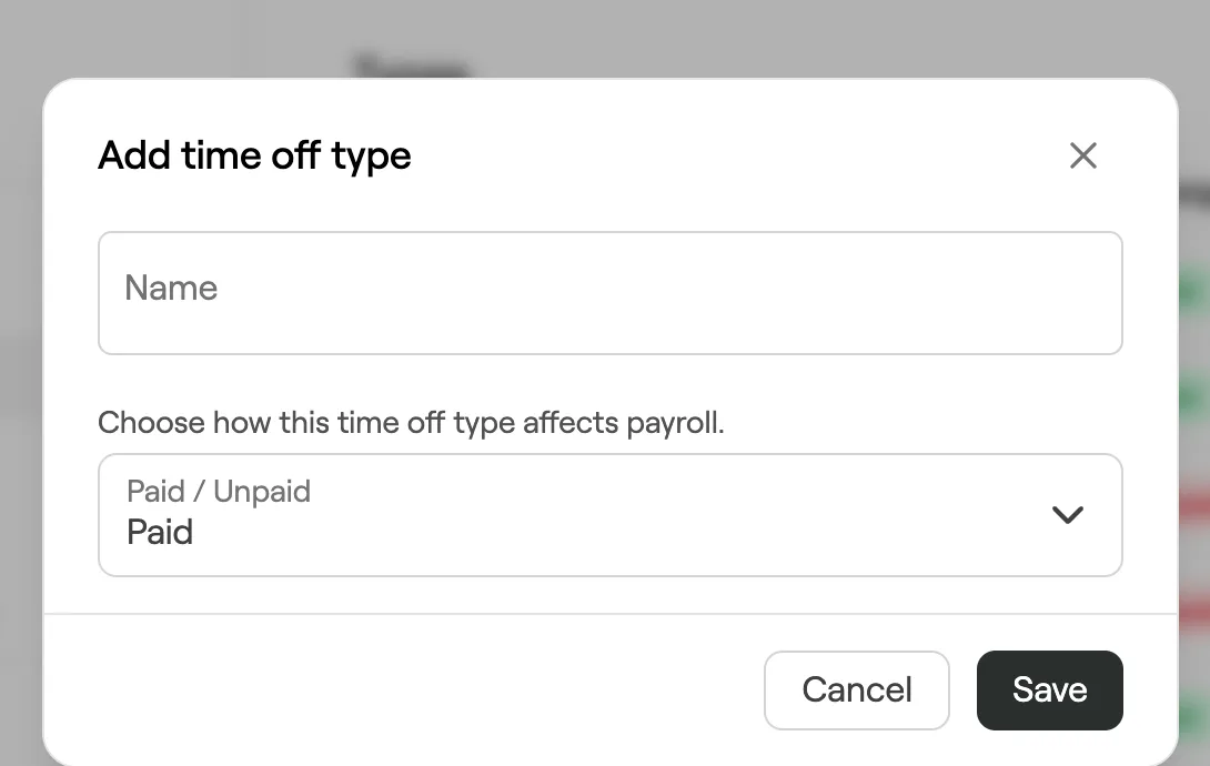 Add time off type dialog with name and paid or unpaid