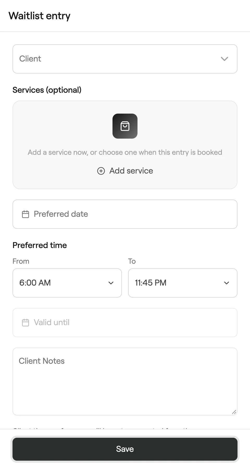 Waitlist entry form with client, services, preferred date and time