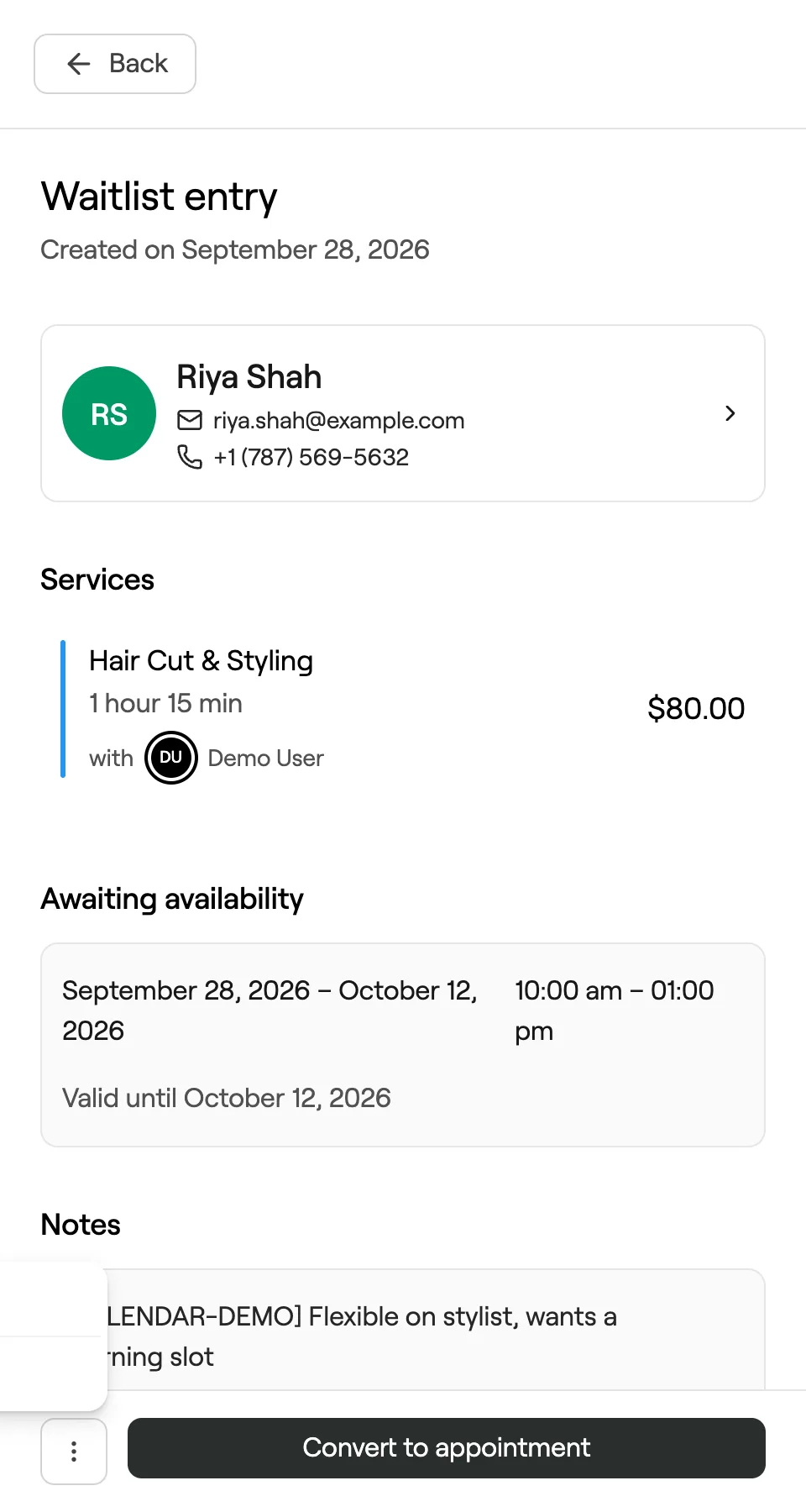 Waitlist entry menu with Edit waitlist entry and Cancel waitlist entry