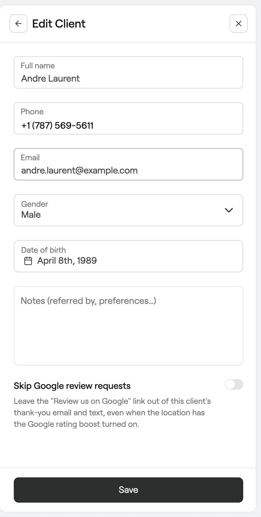 Edit Client form with Skip Google review requests
