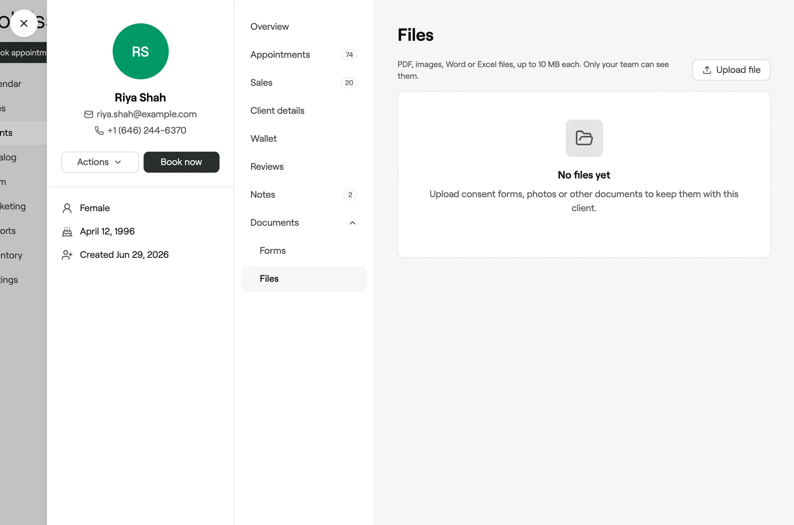 Files section with the Upload file button