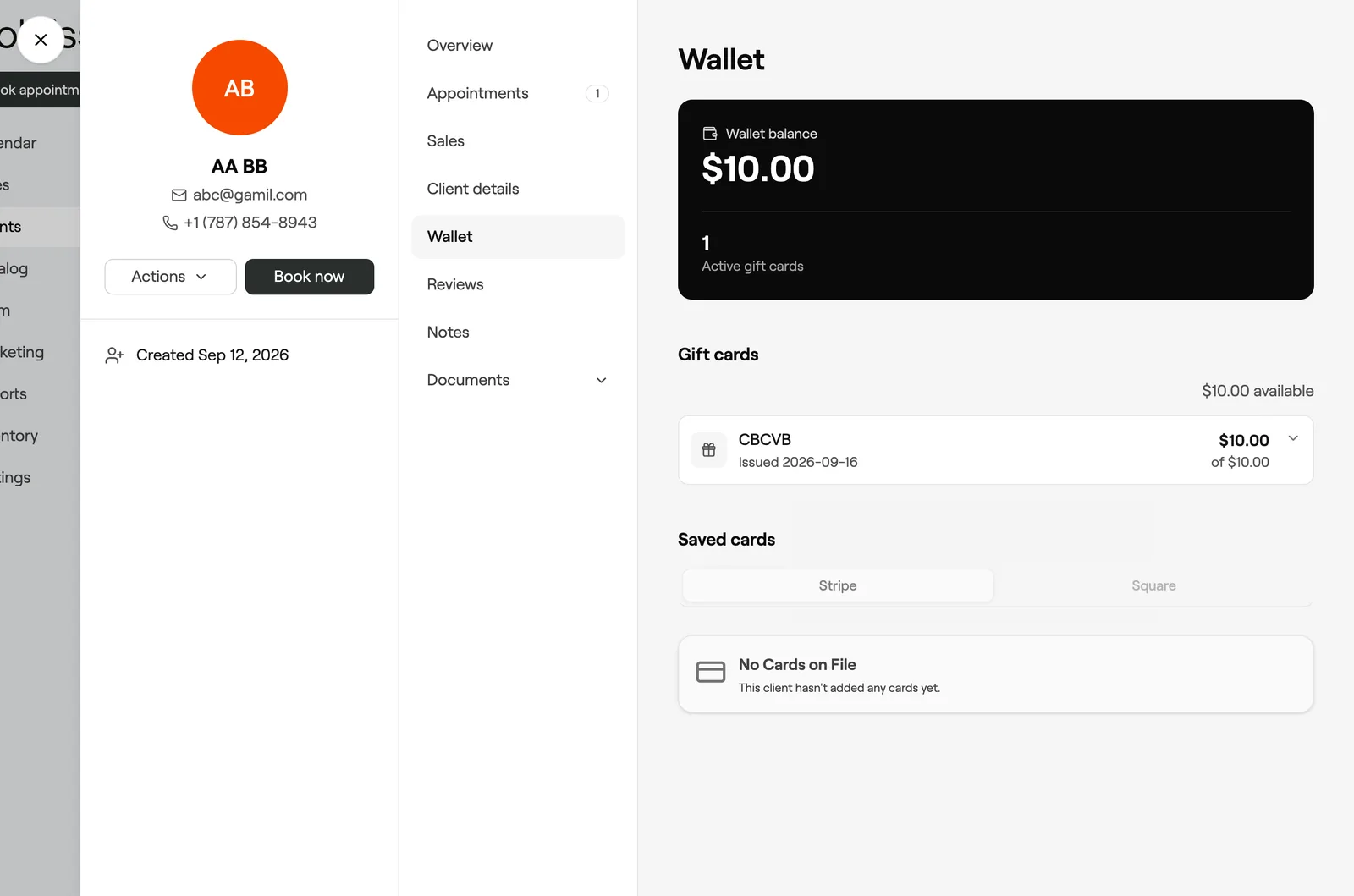Wallet section with the wallet balance, gift cards and saved cards