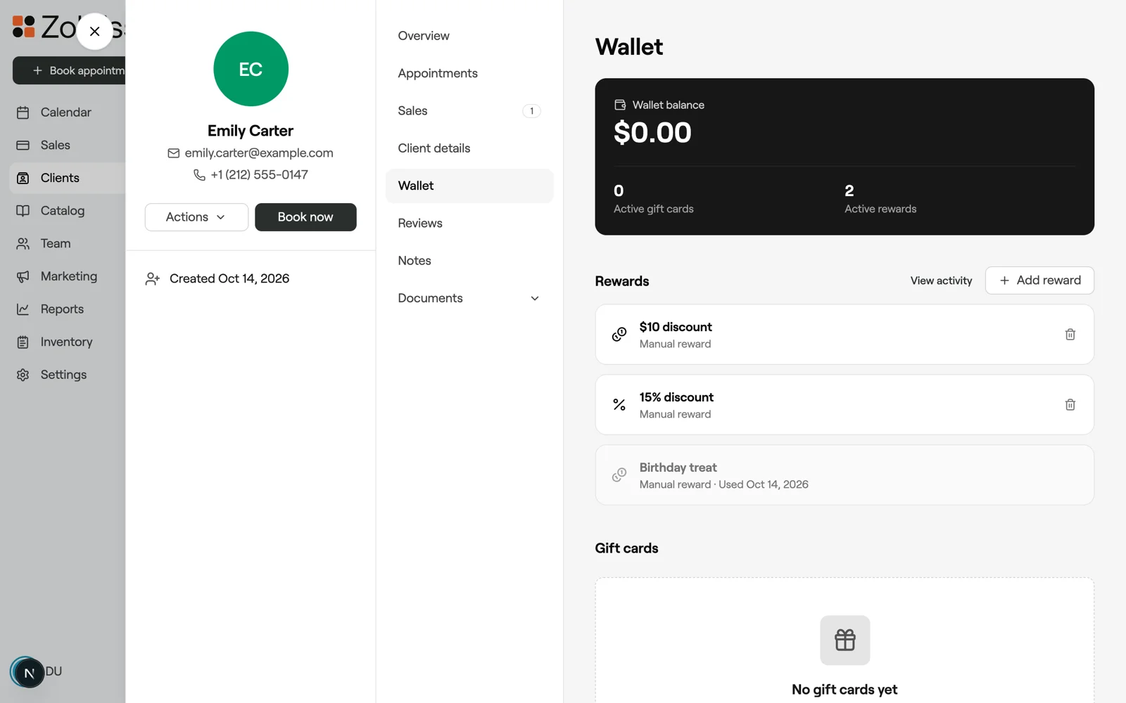 Wallet with the Rewards section, View activity and Add reward