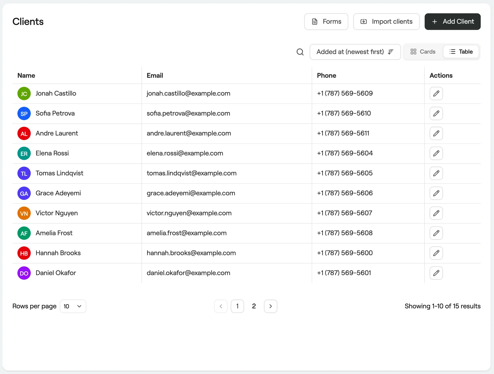 Client list in table view