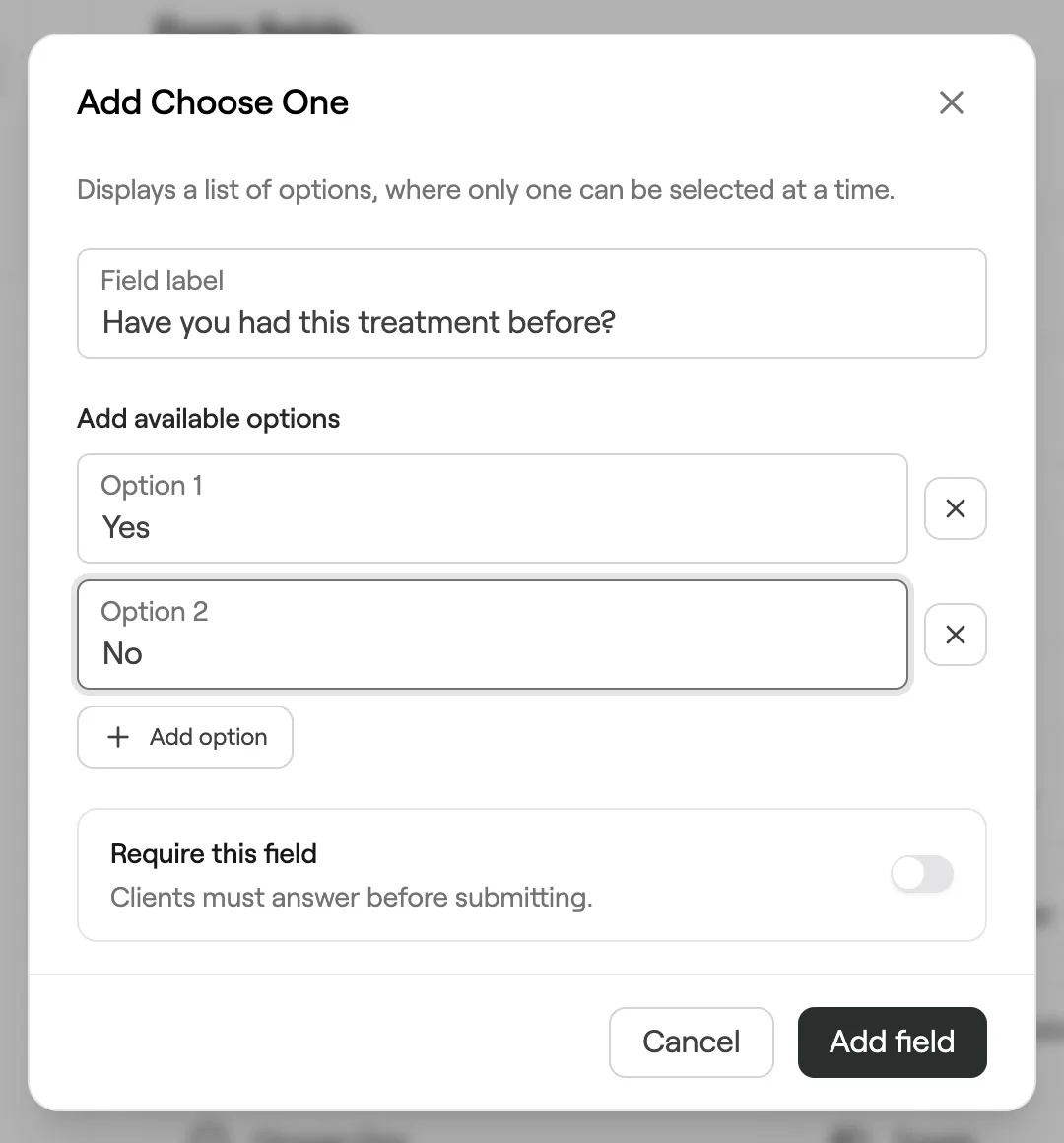Add Choose One field with label and options