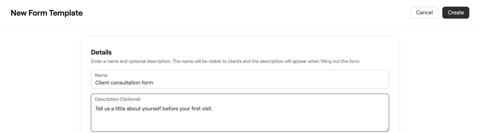 New Form Template with name and description