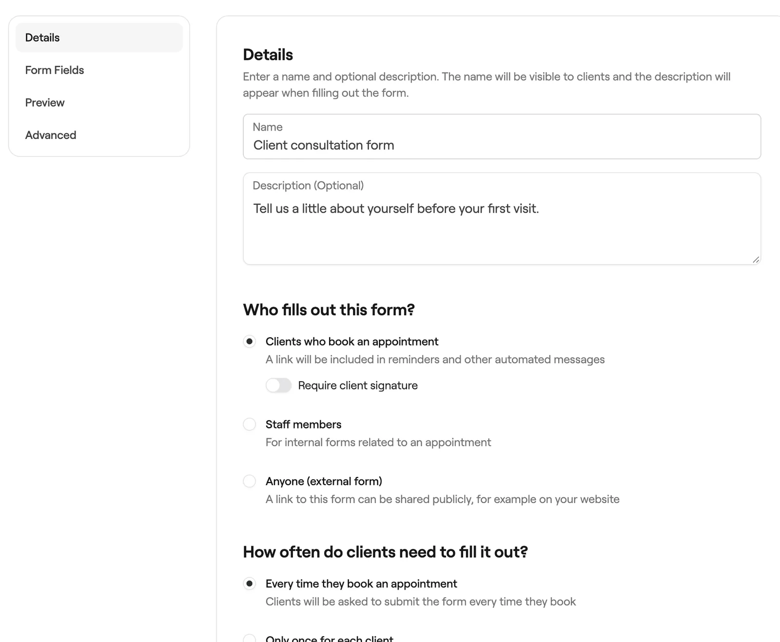 Form details with who fills out the form and how often