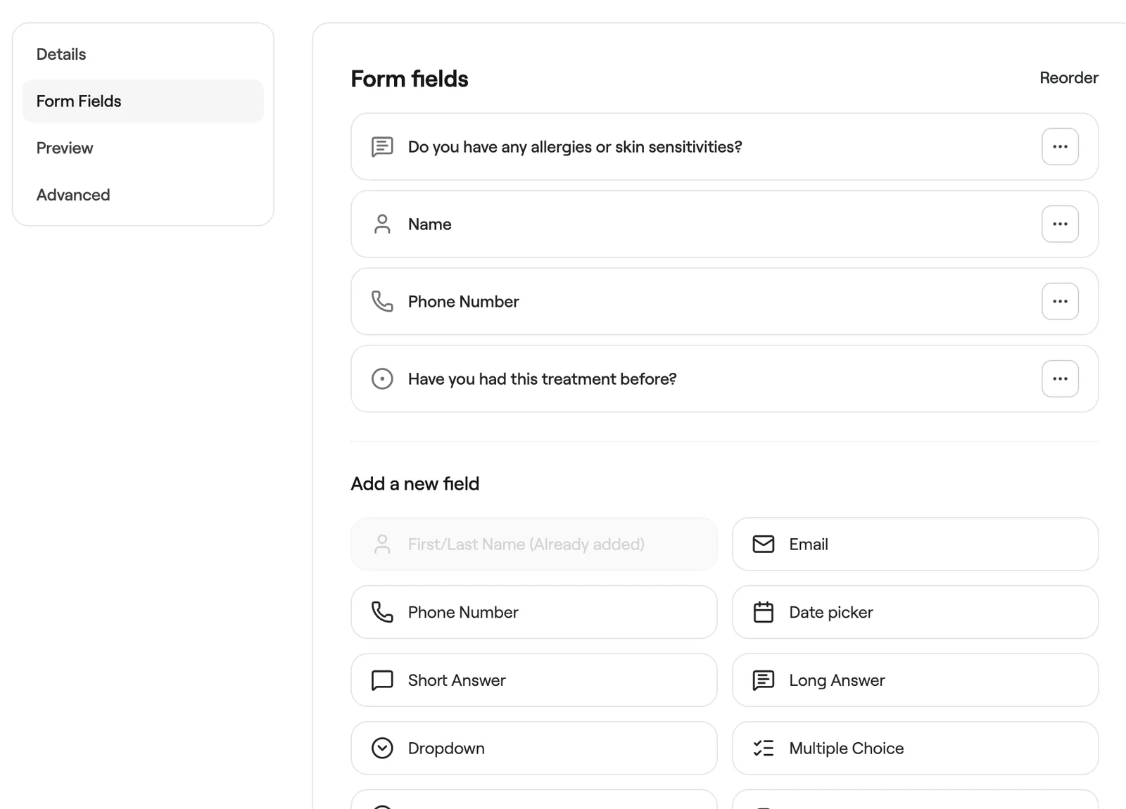 Form fields with the list of field types to add