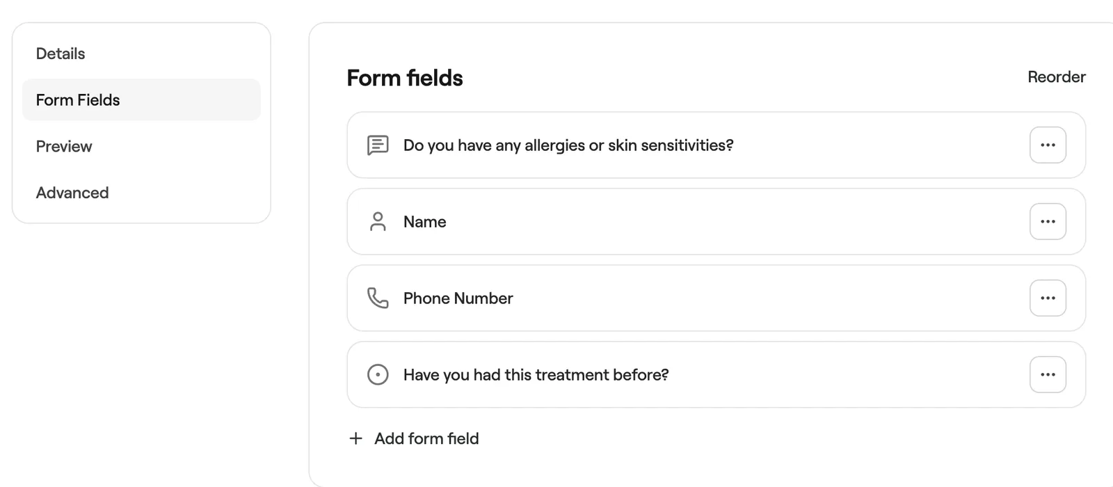 Form fields list with four fields