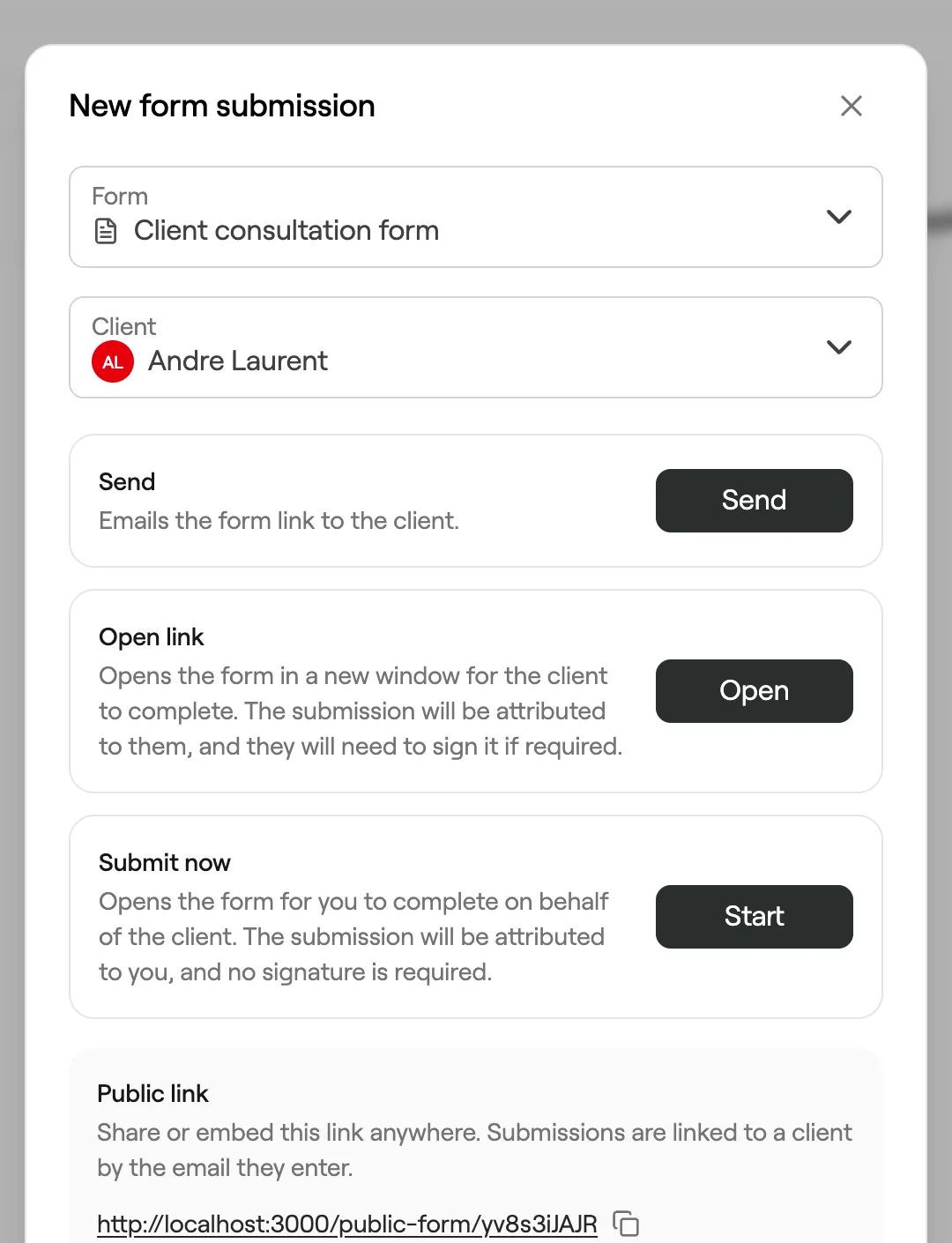 New form submission with Send, Open link, Submit now and Public link