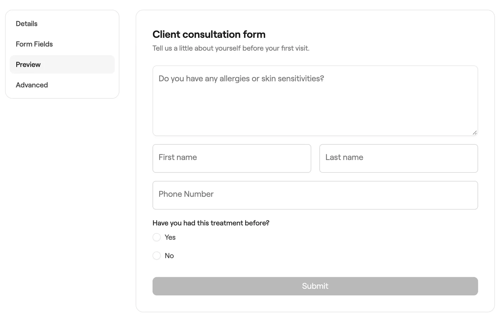 Preview of the form