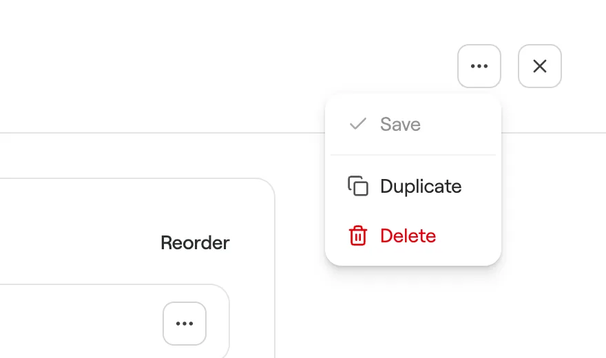 Form template menu with Save, Duplicate and Delete
